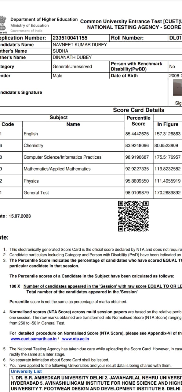 Navneet Kumar Dubey - CUET Score 95% in Physics and 92% in Maths